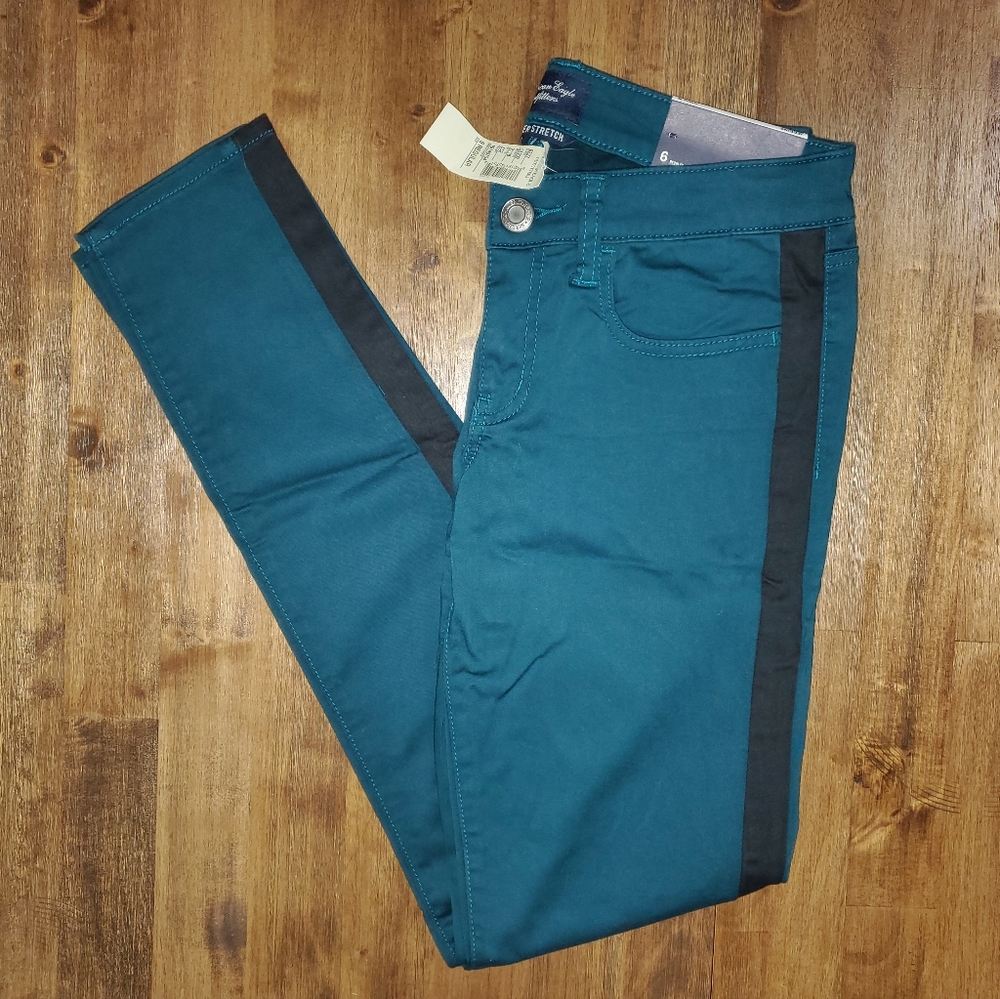 NWT Women's American Eagle Tuxedo Pants - Peacock Blue with Black Leg Stripe - Picture 2 of 7